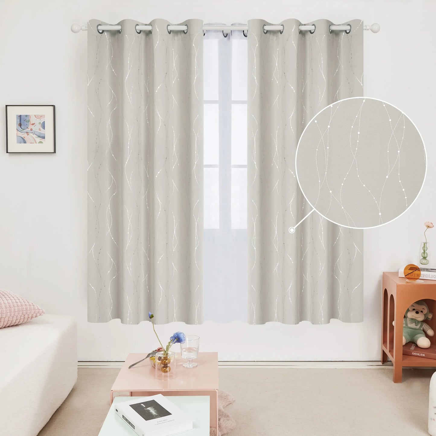 Silver Printed Blackout Curtains - 2 Panels, Wave Dots Pattern, Grommet Top, 52"X95", Thermal Insulated Drapes for Bedroom & Living Room, Gray