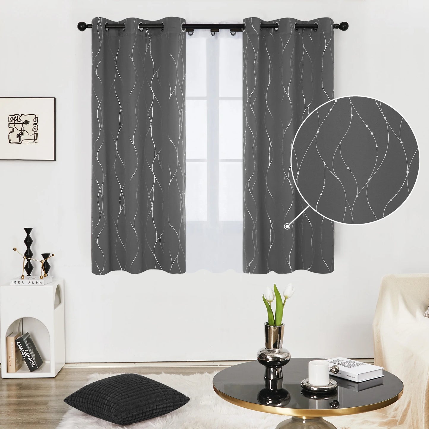 Silver Printed Blackout Curtains - 2 Panels, Wave Dots Pattern, Grommet Top, 52"X95", Thermal Insulated Drapes for Bedroom & Living Room, Gray