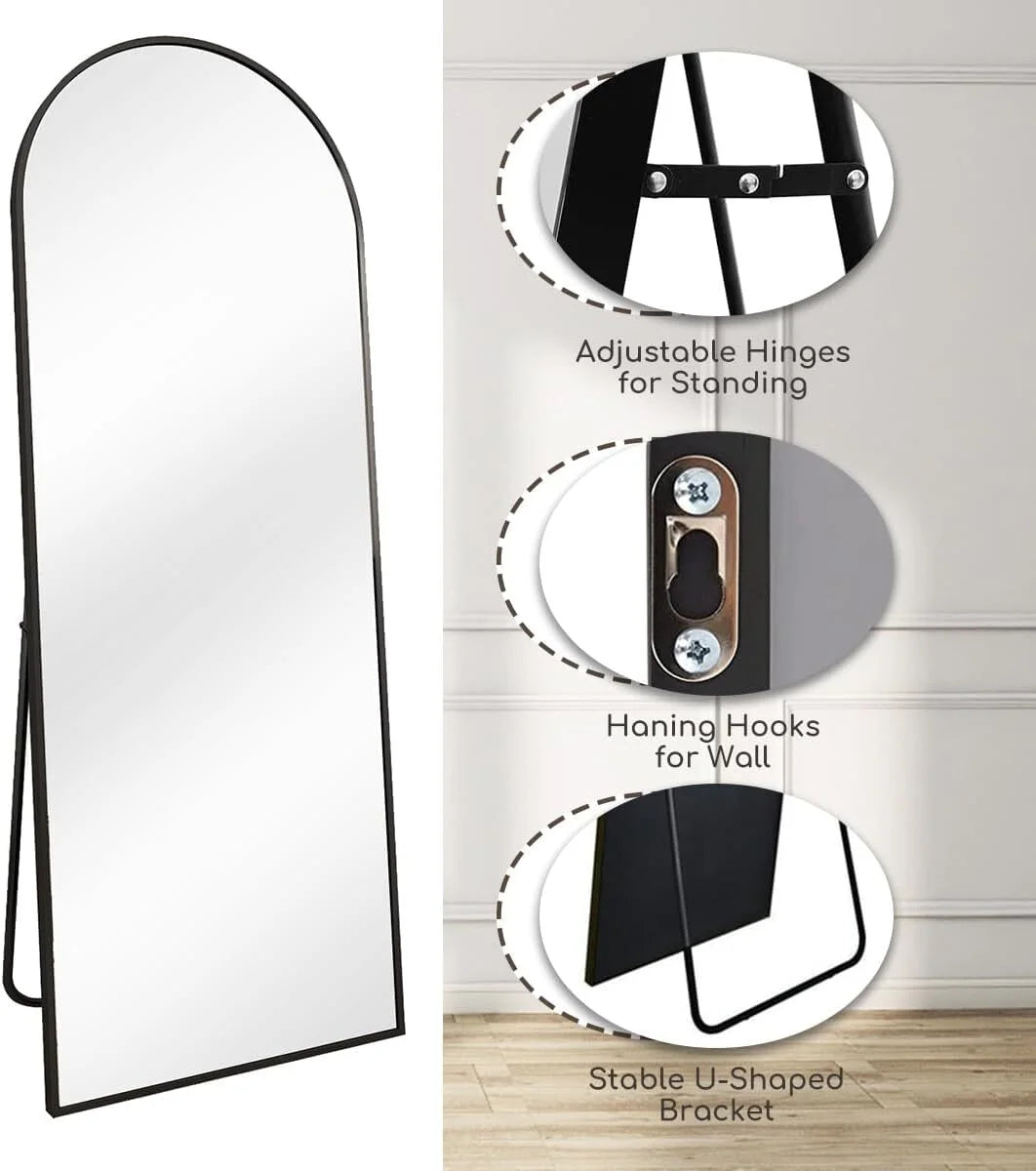 58"X18" Full Length Arch Top Mirror with Metal Frame Stand Wall Mounted, Black