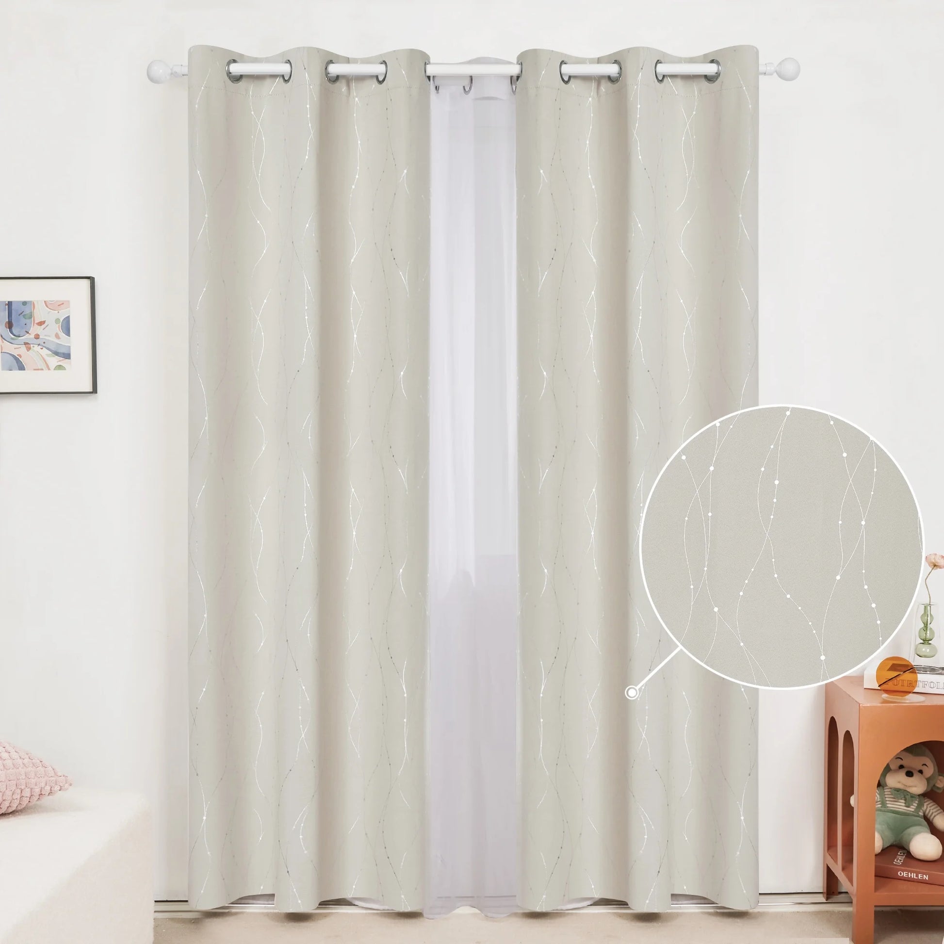Silver Printed Blackout Curtains - 2 Panels, Wave Dots Pattern, Grommet Top, 52"X95", Thermal Insulated Drapes for Bedroom & Living Room, Gray