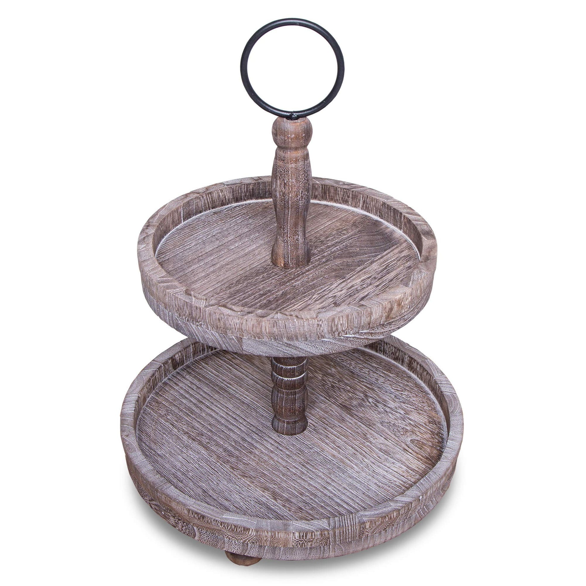 Hallocs 2 Tiered Wood Tray - Rustic Farmhouse Serving Stand for Food and Parties - Galvanized Kitchen Table Decor - Fall Tiered Tray Display (Brown)