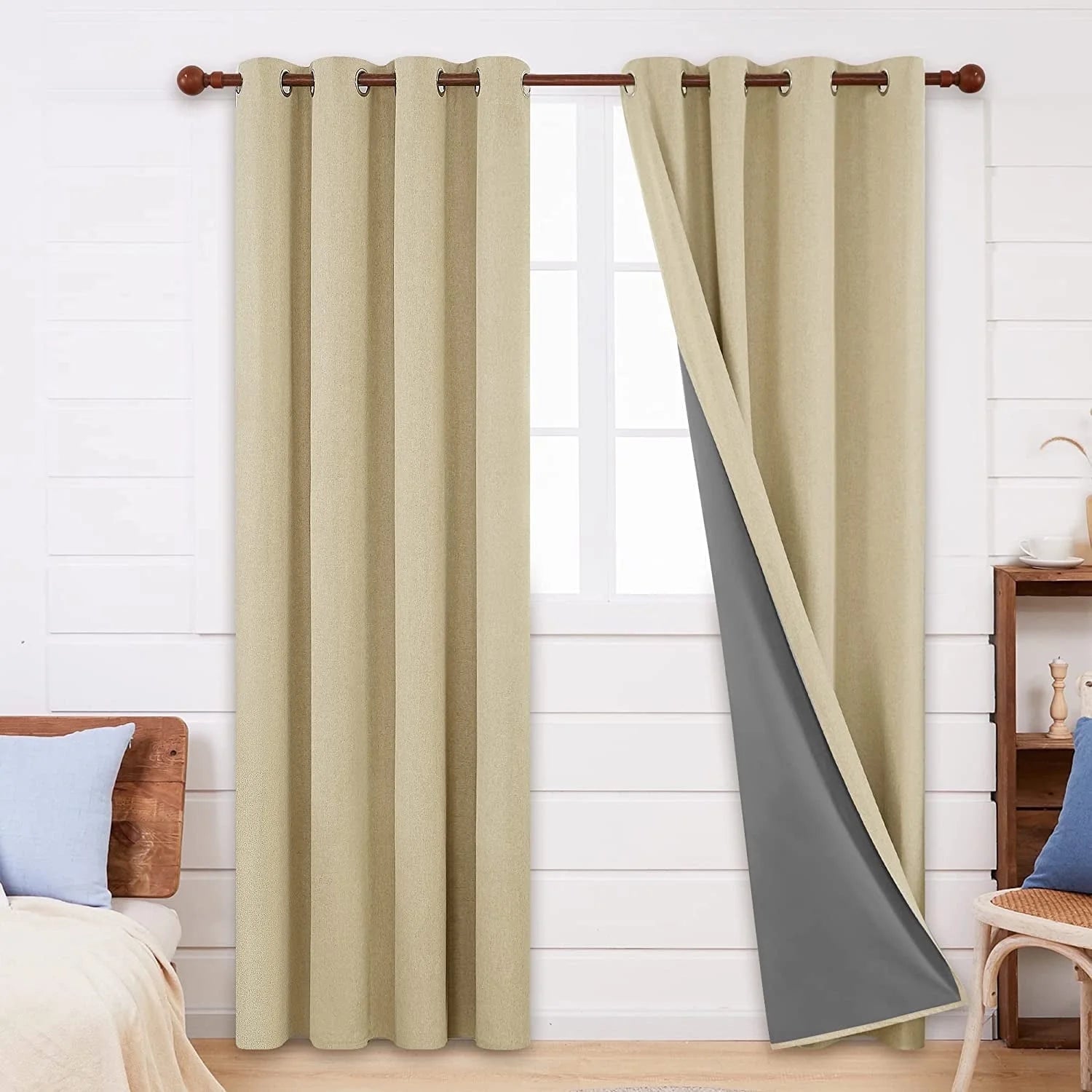 Total Blackout Curtains 2 Panels, Grommet Curtains Total Light Blocking Curtain, Soundproof Curtains for Bedroom (Khaki, 42W X 95L Inch)