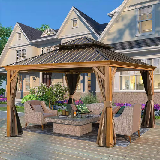 12 Ft. X 12 Ft. Wooden Coated Aluminum Frame Canopy with Galvanized Steel Double Roof with Curtains and Netting