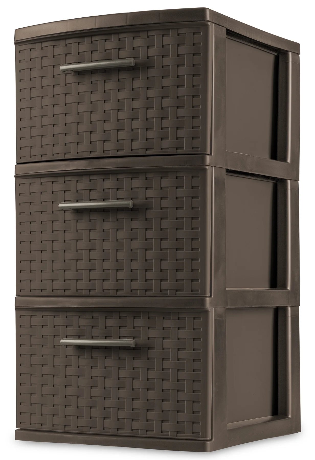 3 Drawer Tower, Slim Plastic Weave 3 Drawer Tower with Pull Handles, Brown