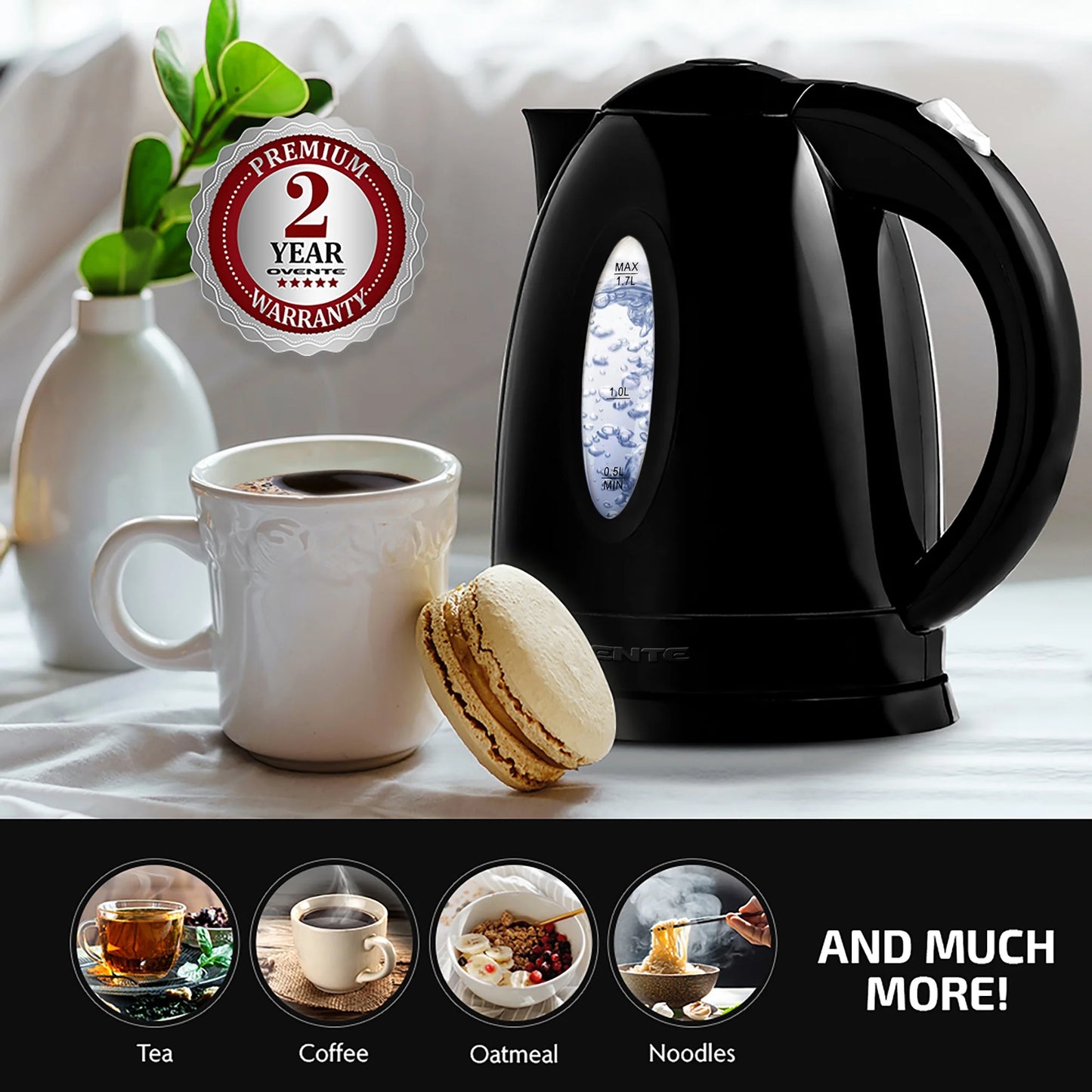 Electric Kettle Hot Water Heater 1.7 Liter - BPA Free Fast Boiling Cordless Water Warmer - Auto Shut off Instant Water Boiler for Coffee & Tea Pot - Black KP72B