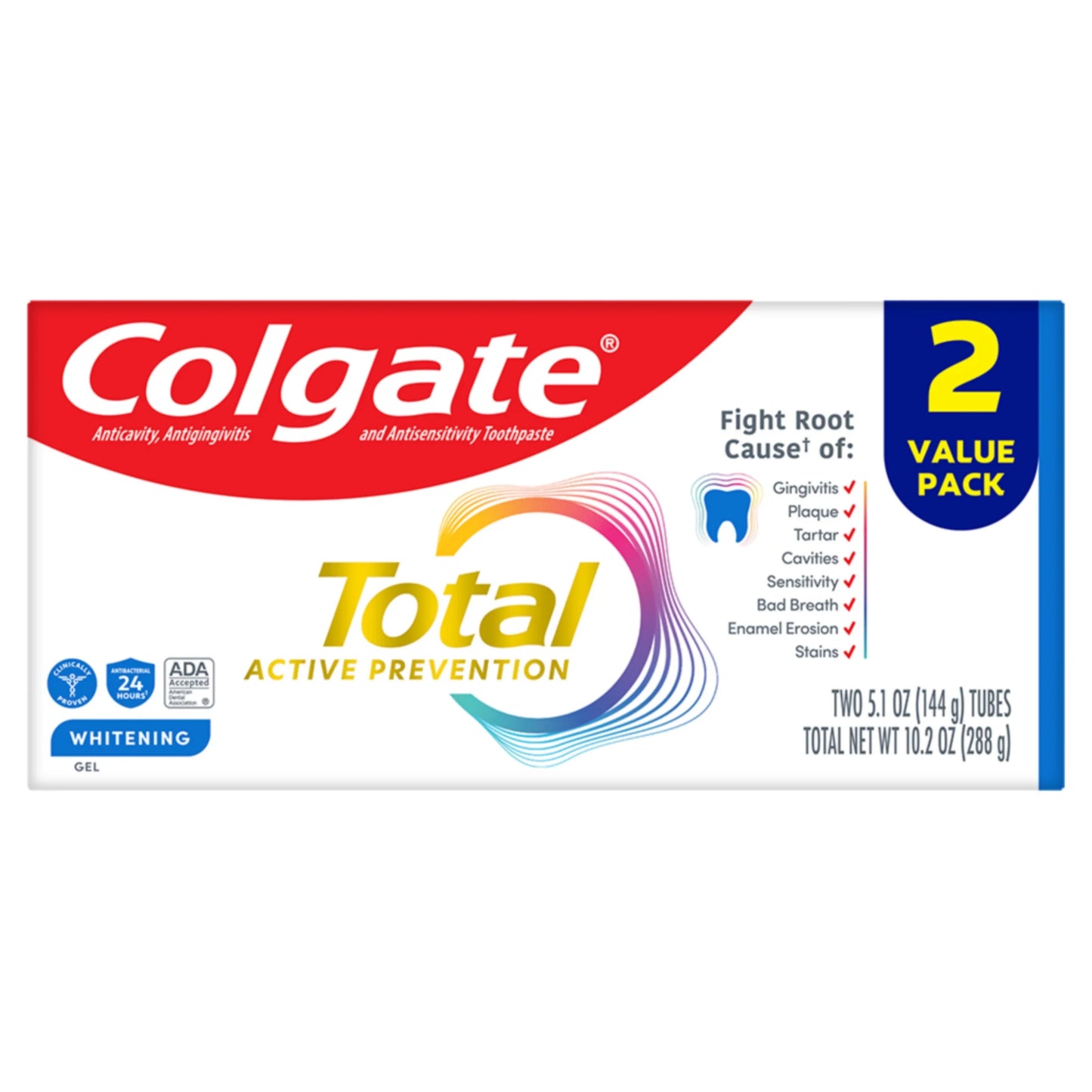 Total Active Prevention Whitening Gel Toothpaste, Mint, 2 Pack, 5.1 Oz