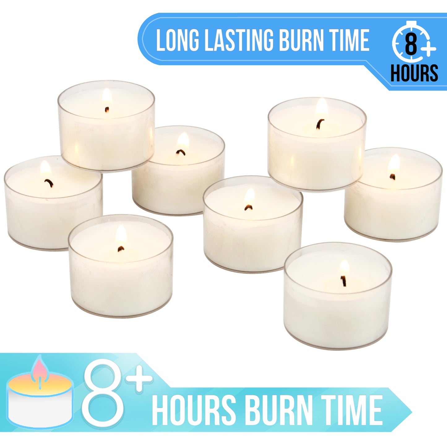 Stonebriar Unscented Long Burning Clear Cup Tealight Candles with 8 Hour Burn Time, 48 Pack, White