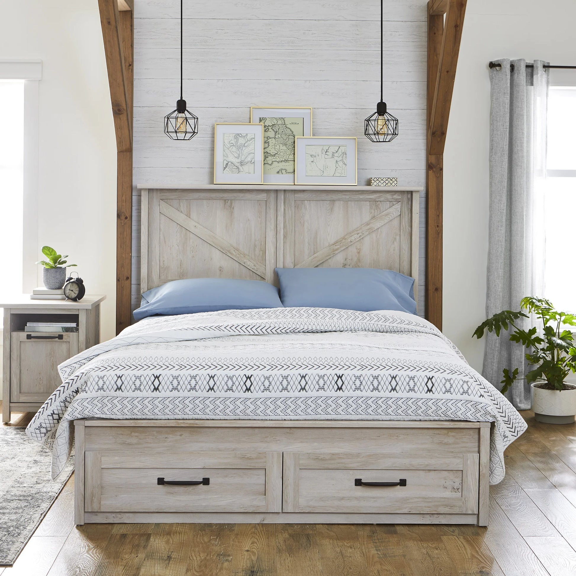 Modern Farmhouse USB Nightstand, Rustic White Finish