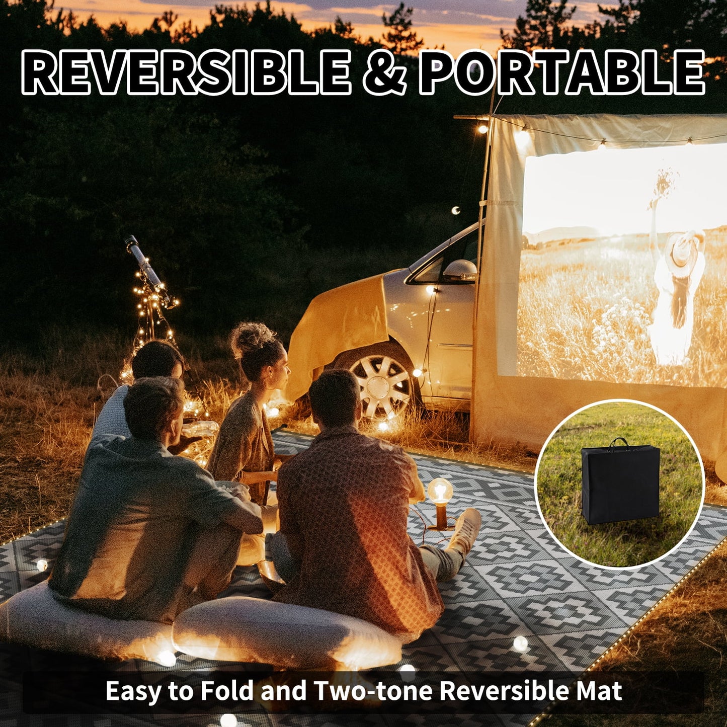 Outdoor Rug with LED Strip Lights 6'X9' Waterproof Reversible Patio Rug Foldable Plastic Straw Indoor Outdoor Rug for RV Camping Deck Balcony Porch Modern Boho Patio Decor Checkered Rug Grey