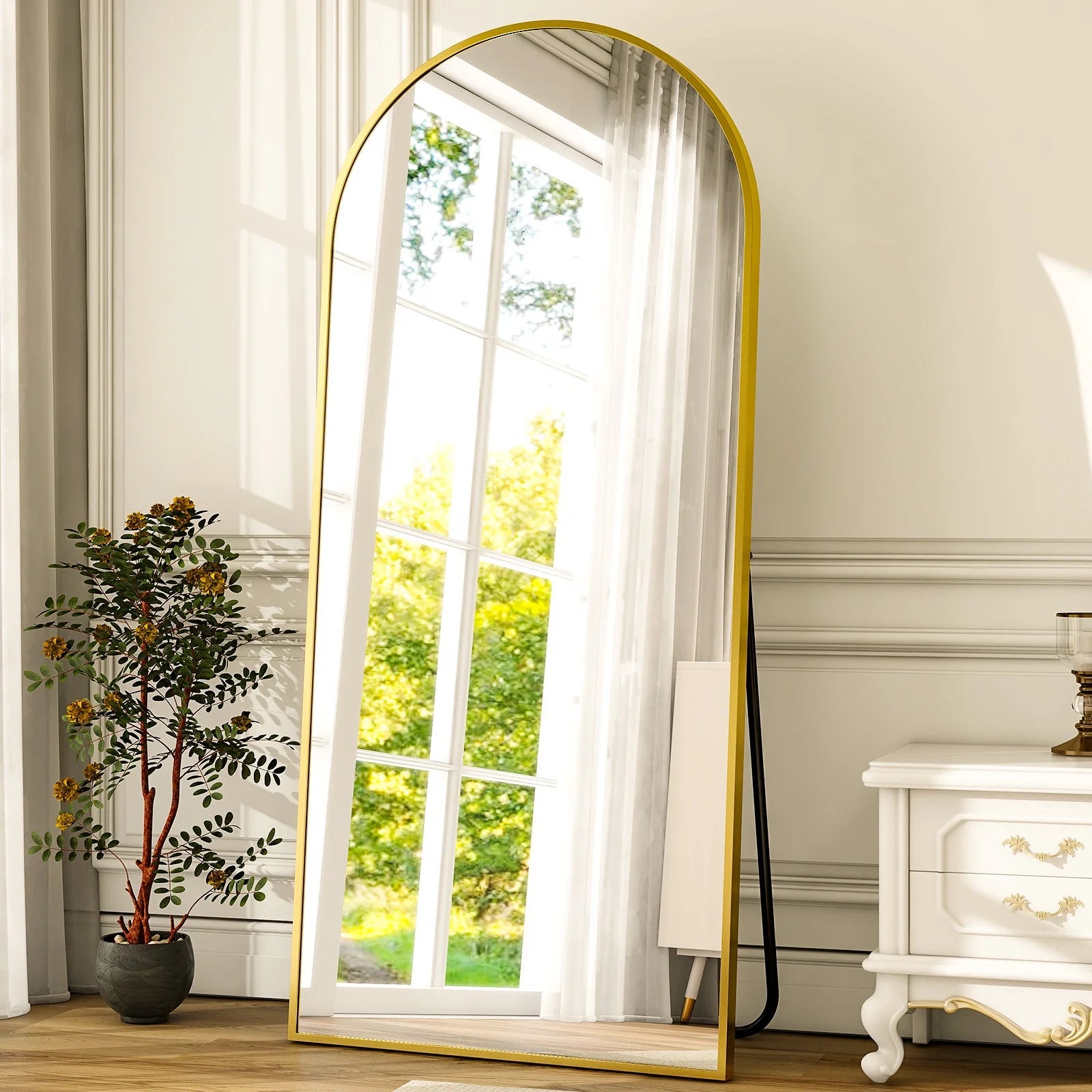 58"X18" Full Length Arch Top Mirror with Metal Frame Stand Wall Mounted, Black