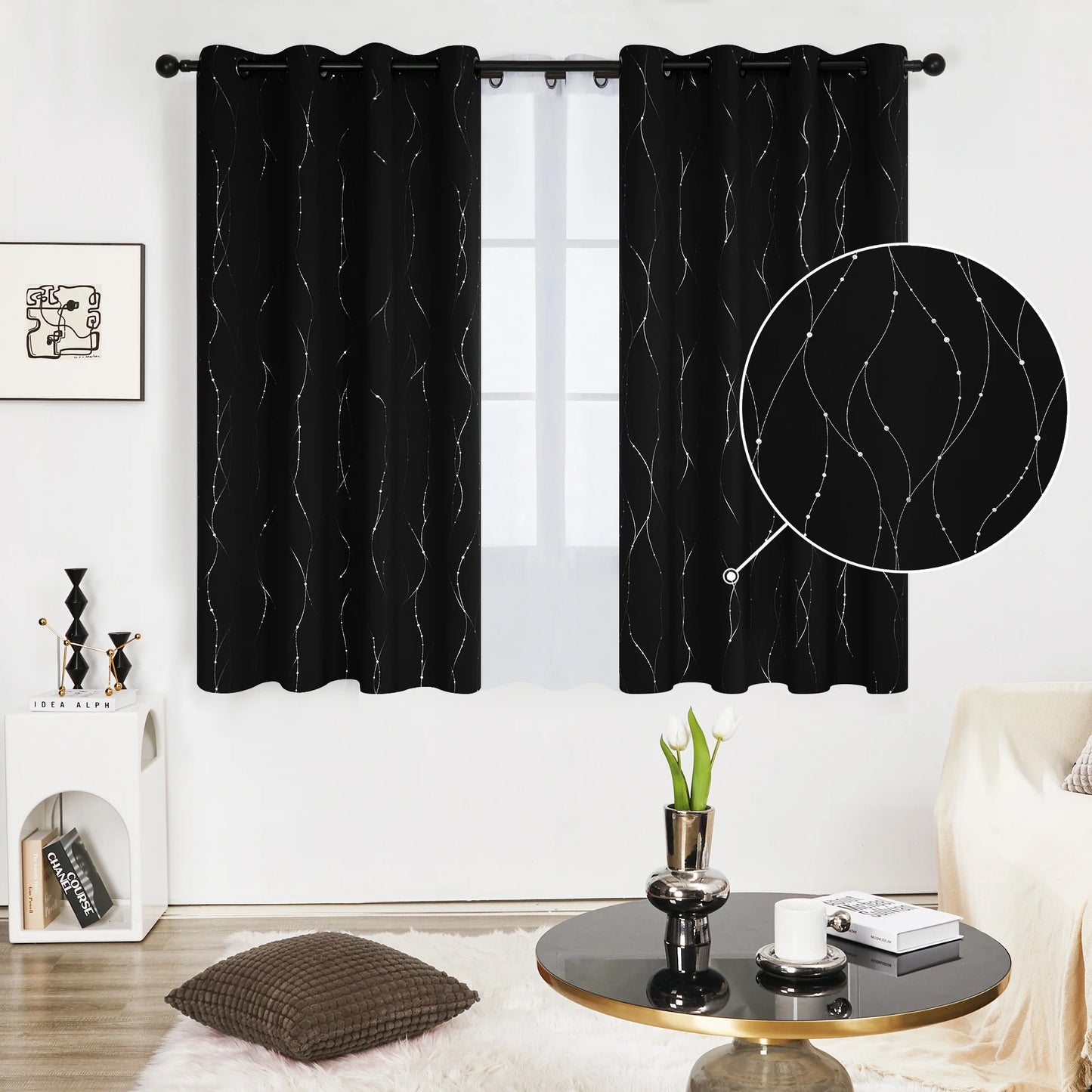 Silver Printed Blackout Curtains - 2 Panels, Wave Dots Pattern, Grommet Top, 52"X95", Thermal Insulated Drapes for Bedroom & Living Room, Gray