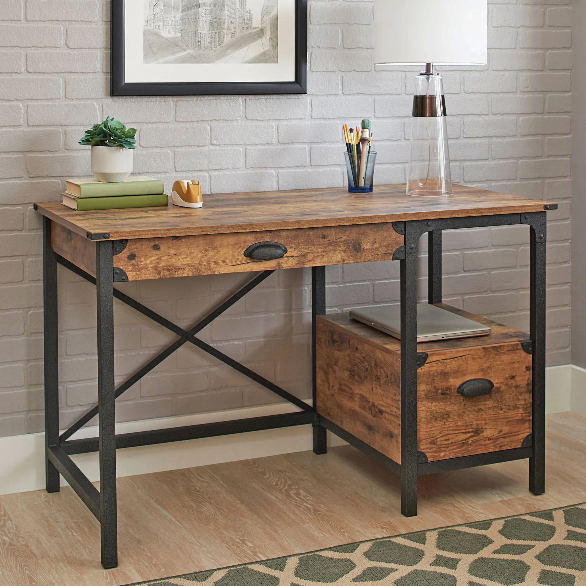 Rustic Country Office Desk, Weathered Pine Finish