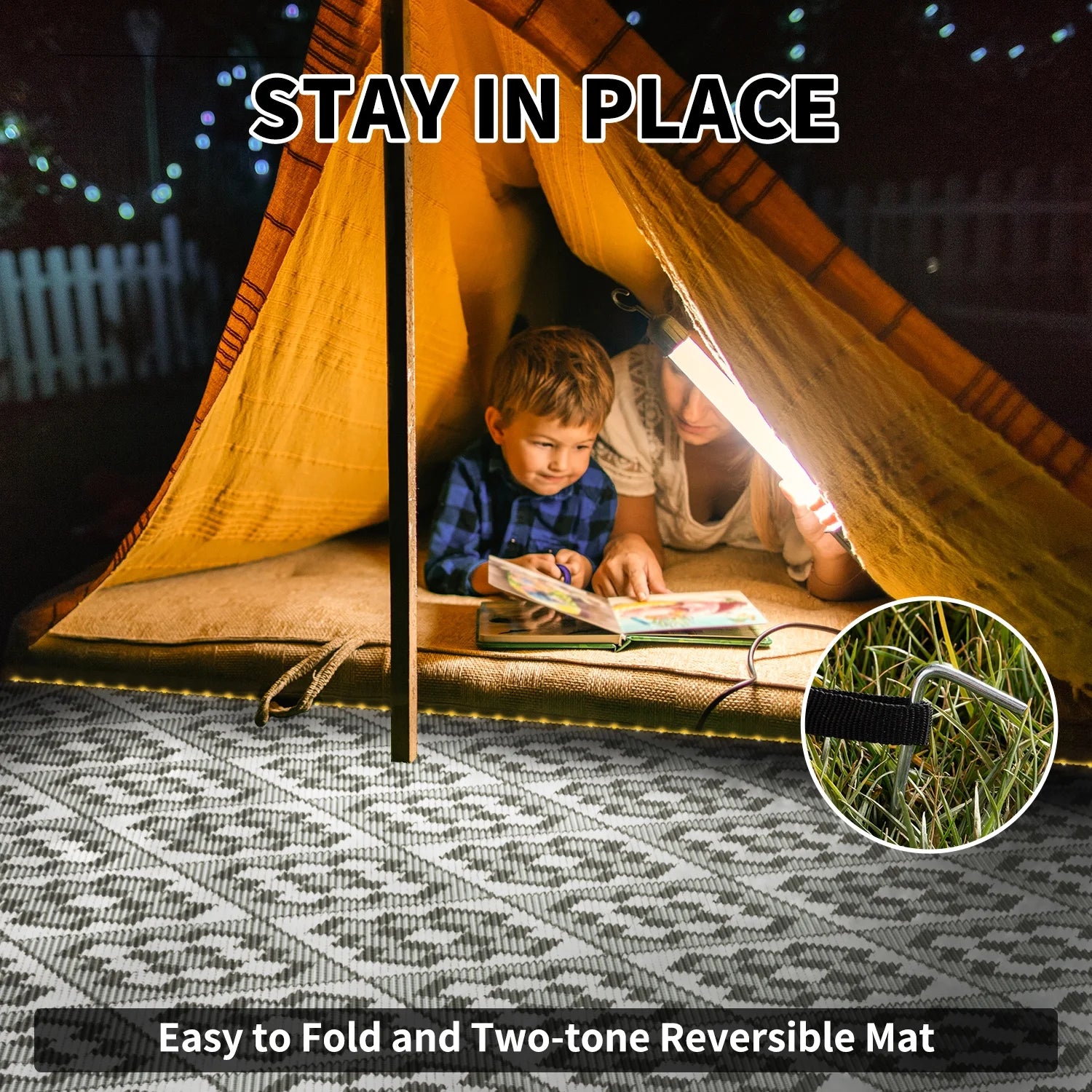 Outdoor Rug with LED Strip Lights 6'X9' Waterproof Reversible Patio Rug Foldable Plastic Straw Indoor Outdoor Rug for RV Camping Deck Balcony Porch Modern Boho Patio Decor Checkered Rug Grey
